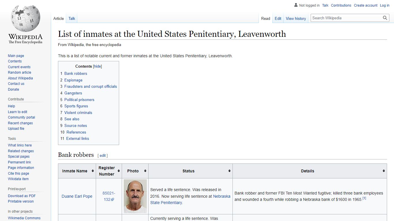 List of inmates at the United States Penitentiary, Leavenworth